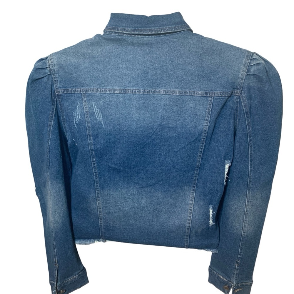 Plus Size 2XL Long Puff Sleeve Stars Embroidered Distressed Denim Jacket - Picture 10 of 11